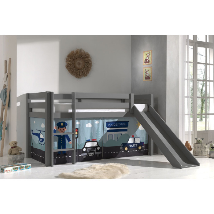 Paris Prix Lit Enfant Surélevé Avec Toboggan "Pino Police" 90x200cm Gris