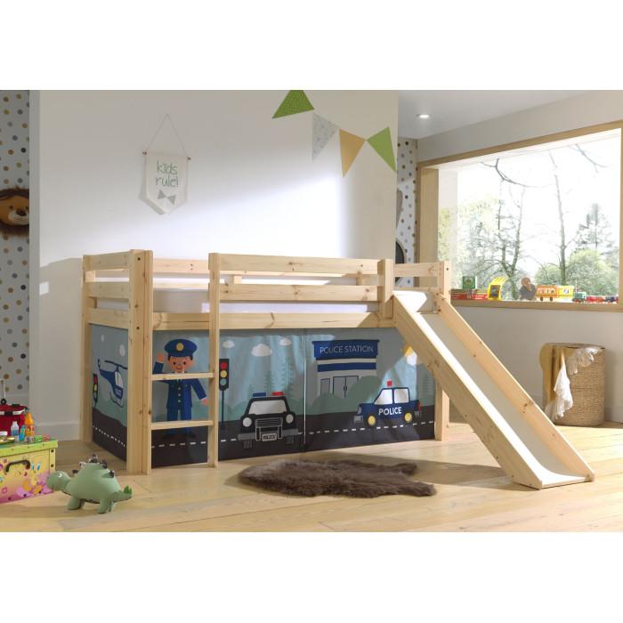 Paris Prix Lit Enfant Surélevé Avec Toboggan "Pino Police" 90x200cm Naturel