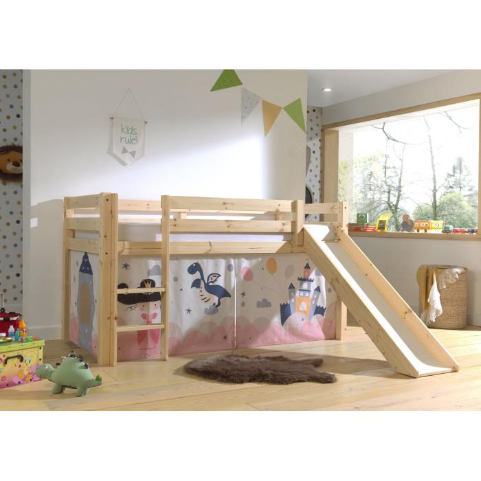 Paris Prix Lit Enfant Surélevé Avec Toboggan "Pino Princesse Sophie" 90x200cm Naturel