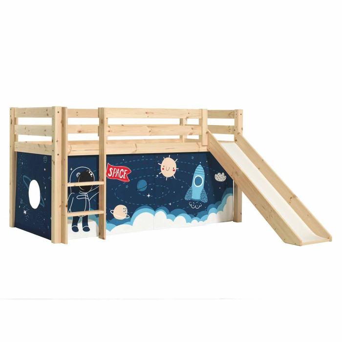 Paris Prix Lit Enfant Surélevé Avec Toboggan "Pino Space Shuttle" 90x200cm Naturel