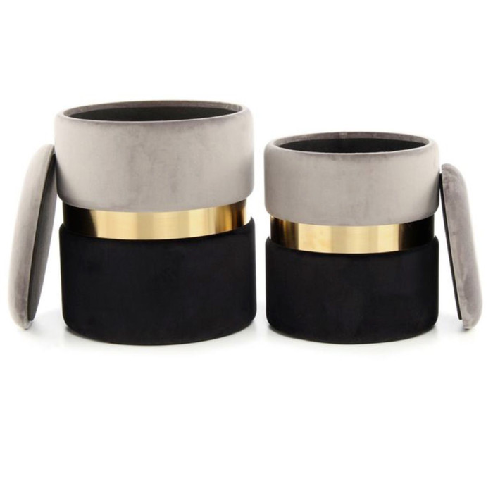 Paris Prix Lot De 2 Poufs Ronds Velours "Zora" Gris & Noir