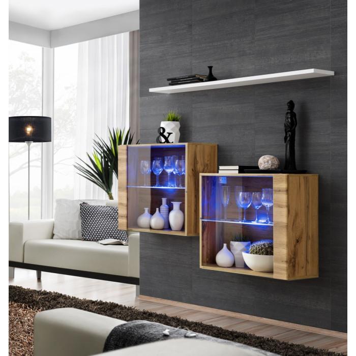 Paris Prix Lot De 2 Vitrines Murales & Étagère "Switch SBIII" 130cm Naturel & Blanc