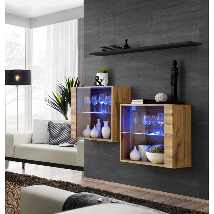 Paris Prix Lot De 2 Vitrines Murales & Étagère "Switch SBIII" 130cm Naturel & Noir
