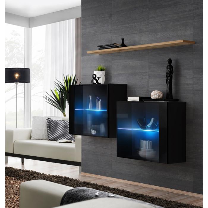 Paris Prix Lot De 2 Vitrines Murales & Étagère "Switch SBIII" 130cm Noir & Naturel
