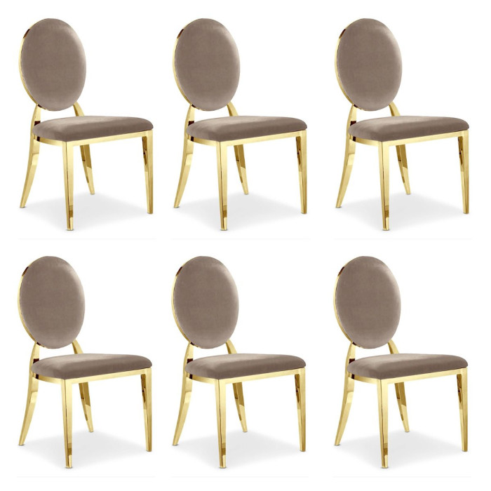 Paris Prix Lot De 6 Chaises Médaillon Velours "Tatianna" 90cm Taupe & Or