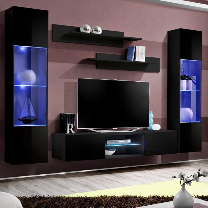 Paris Prix Meuble TV Mural Design "FLY XXX" 260cm Noir