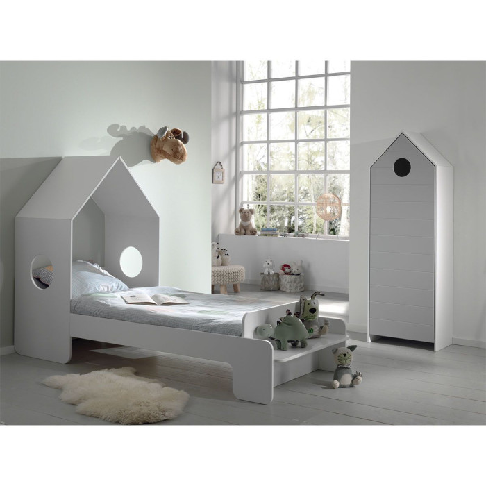 Paris Prix Pack - Lit Cabane Enfant & Armoire "Casami" Blanc & Gris