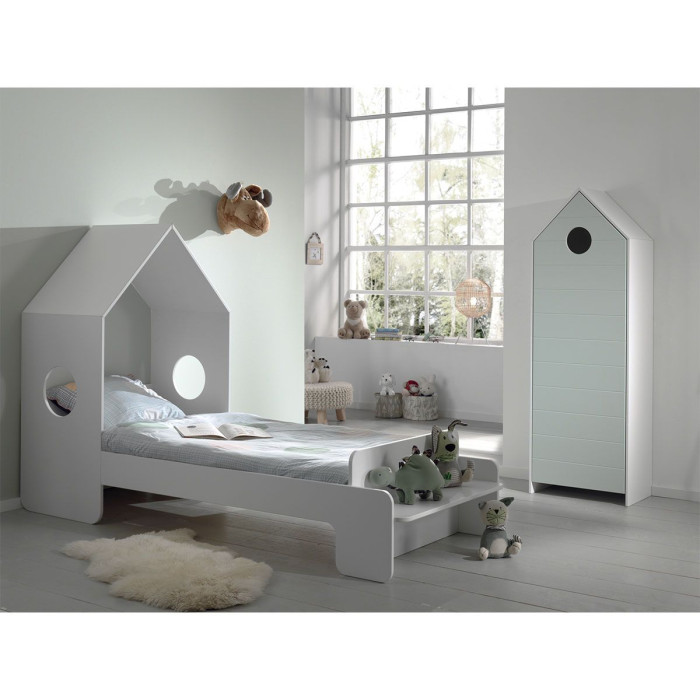 Paris Prix Pack - Lit Cabane Enfant & Armoire "Casami" Blanc & Menthe