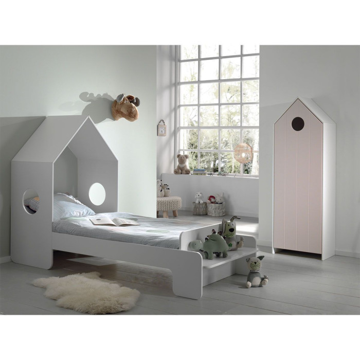 Paris Prix Pack - Lit Cabane Enfant & Armoire "Casami" Blanc & Rose