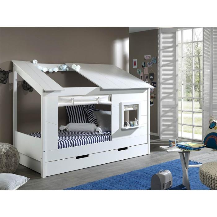 Paris Prix Pack - Lit Cabane Enfant Rideaux & Tiroir "Housebed II" 90x200cm Blanc