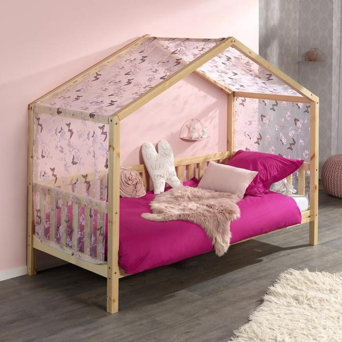 Paris Prix Pack - Lit Enfant Cabane Barrière & Voile "Dallas II" 90x200cm Naturel