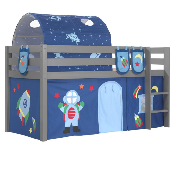 Paris Prix Pack - Lit Enfant Surélevé Tente 3 Pochettes & Tunnel "Pino Astronaute II" Gris