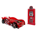 Paris Prix Pack - Lit Enfant Voiture "Night Speeder" & Armoire 1 Porte "Pompe à Essence" Rouge