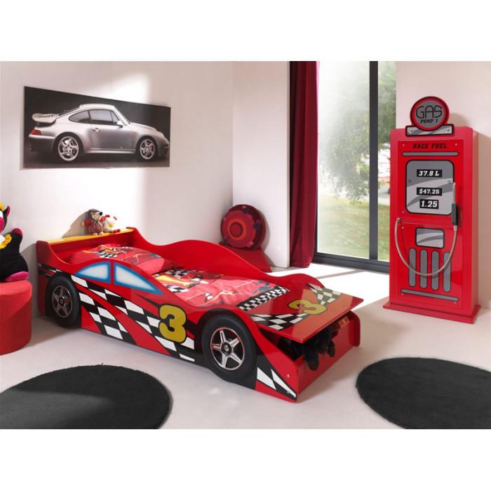 Paris Prix Pack - Lit Enfant Voiture "Race" & Armoire 1 Porte "Pompe à Essence" Rouge