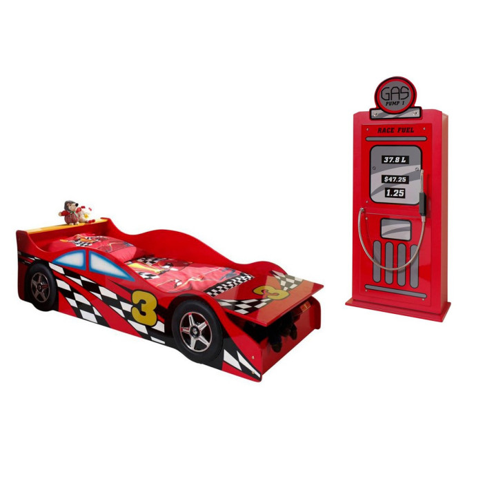 Paris Prix Pack - Lit Enfant Voiture "Race" & Armoire 1 Porte "Pompe à Essence" Rouge