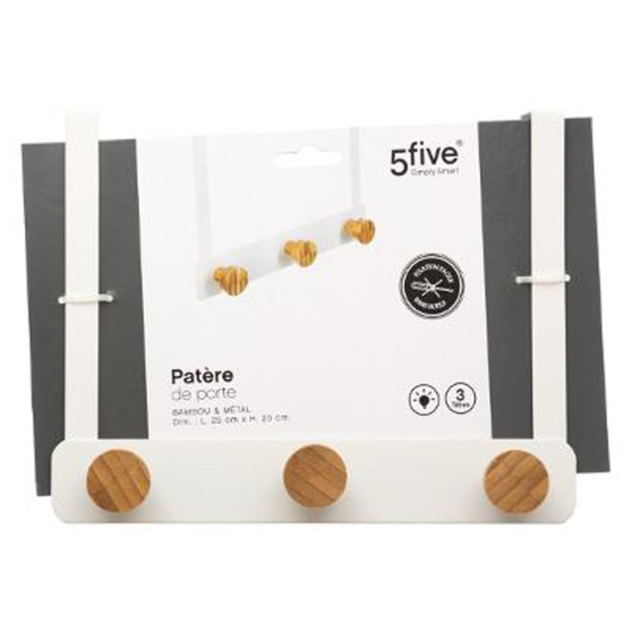 Paris Prix Patère En Métal & Bambou "3 Têtes" 20cm Blanc