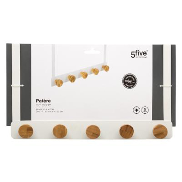 Paris Prix Patère En Métal & Bambou "5 Têtes" 20cm Blanc