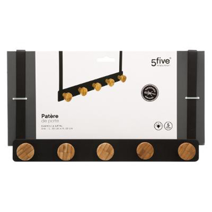 Paris Prix Patère En Métal & Bambou "5 Têtes" 20cm Noir