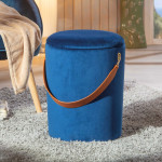 Paris Prix Pouf Coffre En Velours à Sangle "Yola" 45cm Bleu