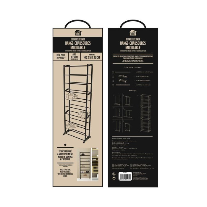 Paris Prix Rangement Chaussures "30 Paires" 140cm Noir