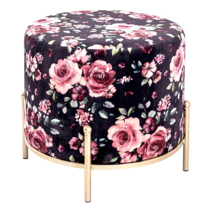 Paris Prix Tabouret En Velours "Motif Fleurs" 48cm Noir & Rose