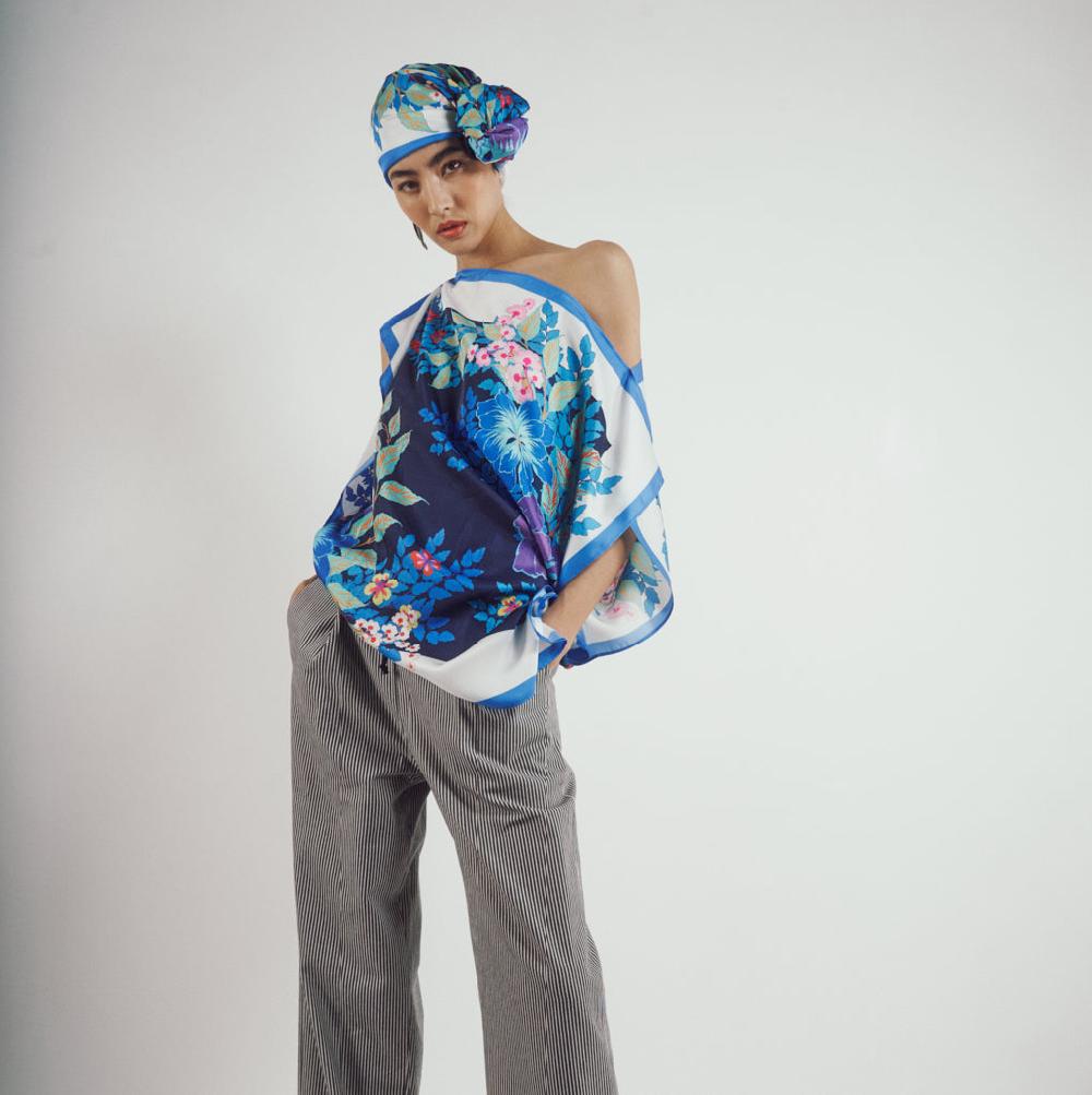 parisienne et alors Tunique foulard FLOREAL Bleu