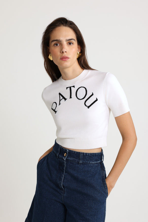 Patou Pull Court à Logo Patou En Laine Mérinos Mélangée