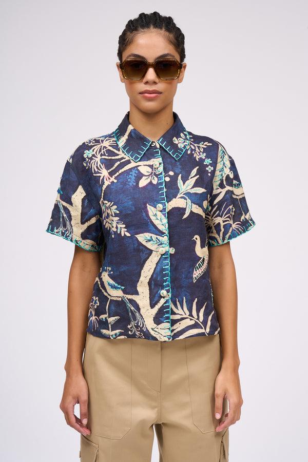 paul & joe Chemise à manches courtes en lin imprimé et rebrodé à la main