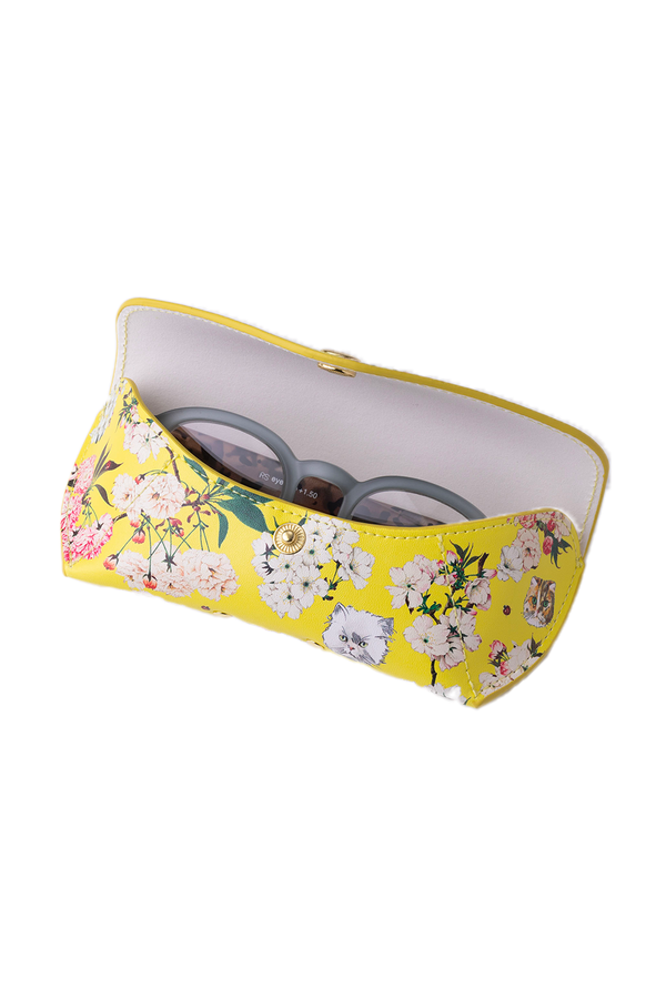 Paul & Joe Etui à Lunettes Jaune Avec Motifs Fleurs Et Chats