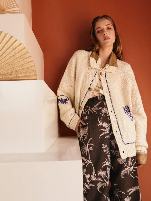 Paul & Joe Pantalon En Flanelle Brodée De Motifs Floraux Et D'oiseaux