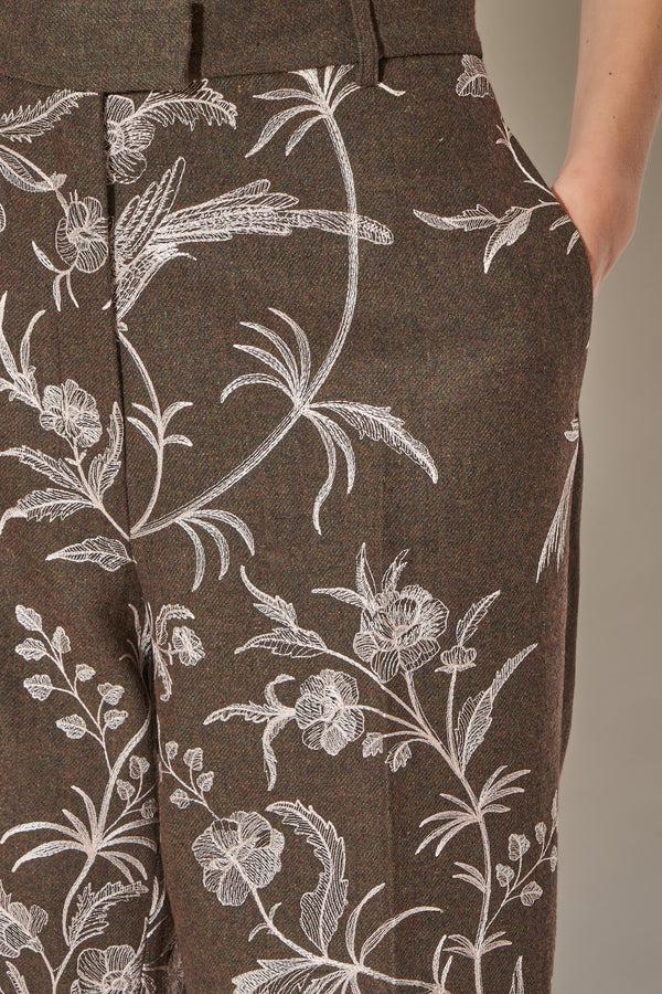 Paul & Joe Pantalon En Flanelle Brodée De Motifs Floraux Et D'oiseaux