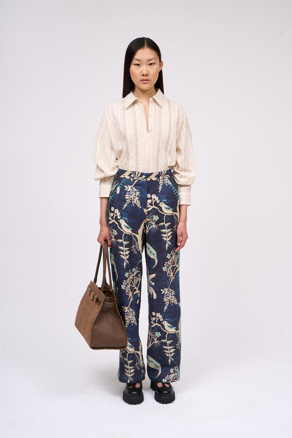 paul & joe Pantalon en lin imprimé et rebrodé à la main