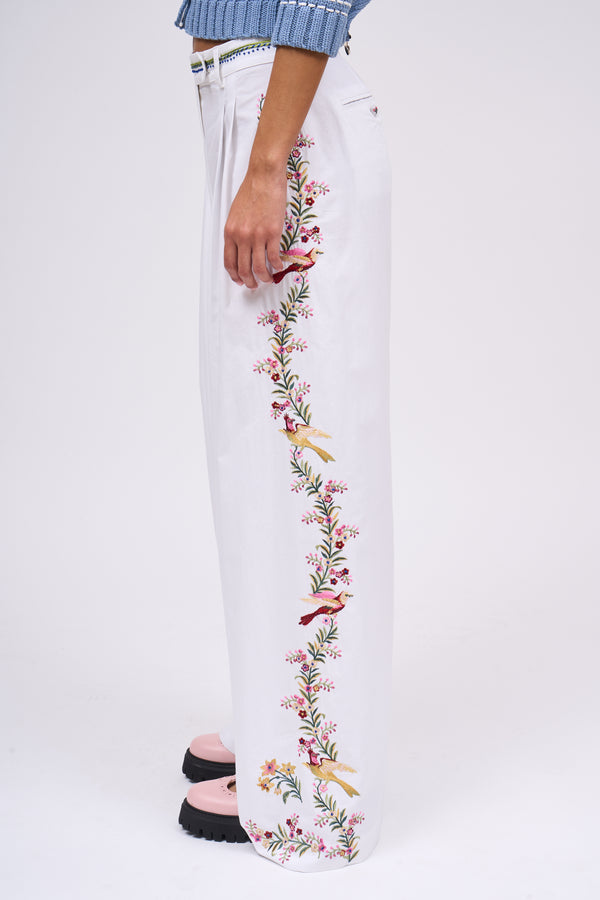 paul & joe Pantalon large à plis en popeline brodée à la main