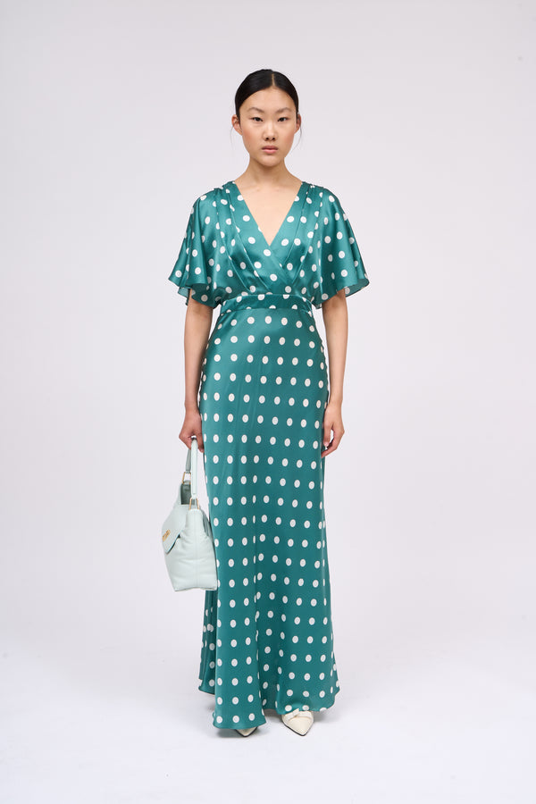 paul & joe Robe longue en satin de soie imprimé pois