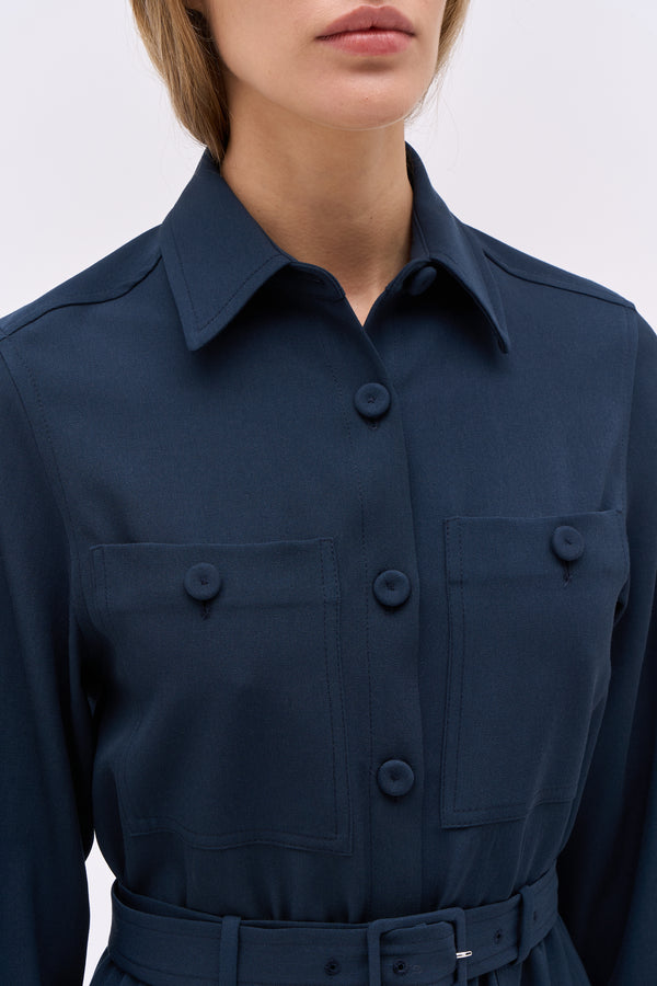 Paul & Joe Robe Chemise Ceinturée Taille Longueur Midi En Grain De Poudre De Laine