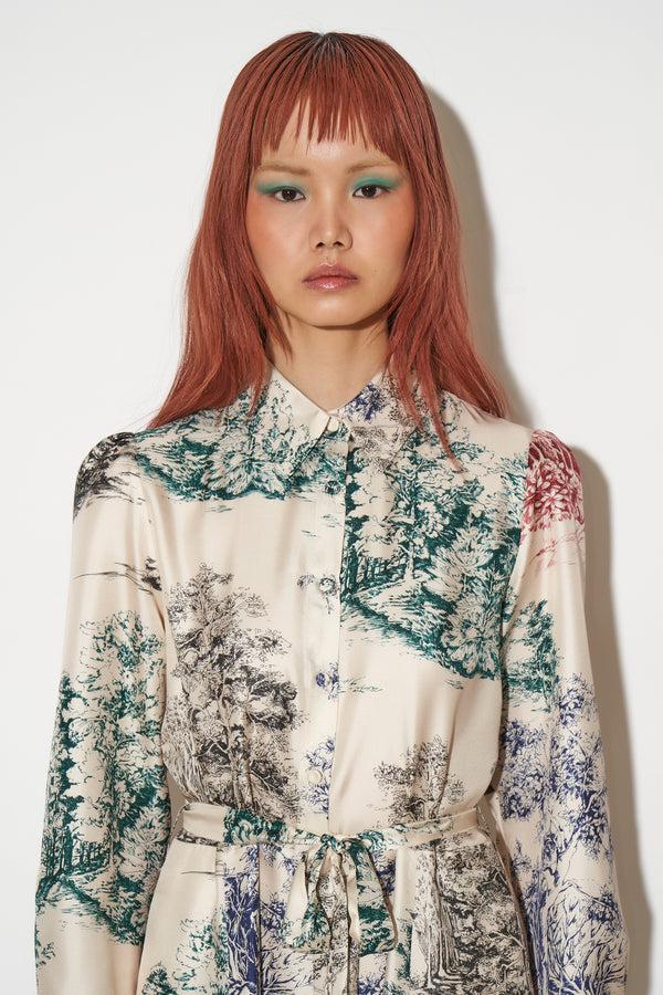 Paul & Joe Robe Chemisier Manches Longues En Twill De Soie Imprimé Toile De Jouy