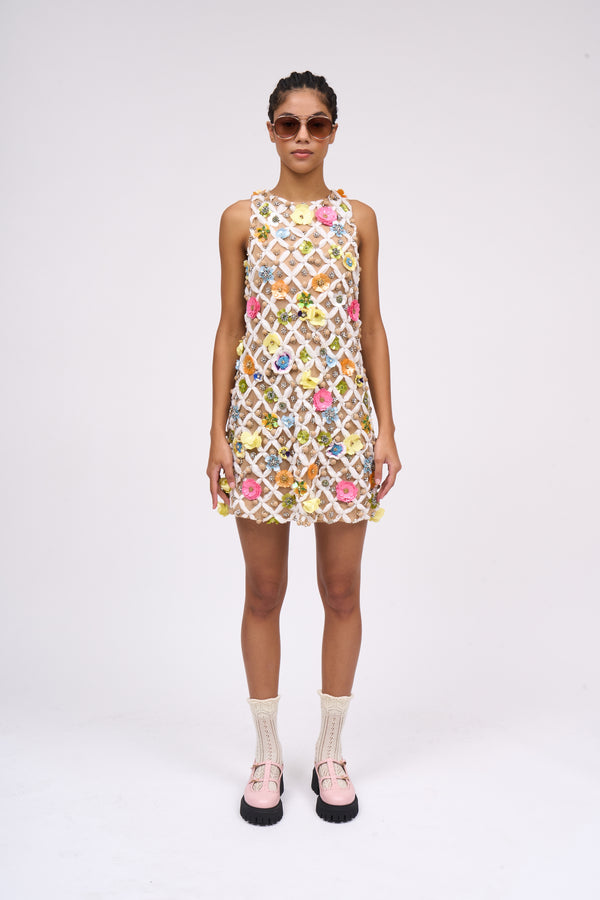 paul & joe Robe courte en tulle entièrement brodée de strass et sequins