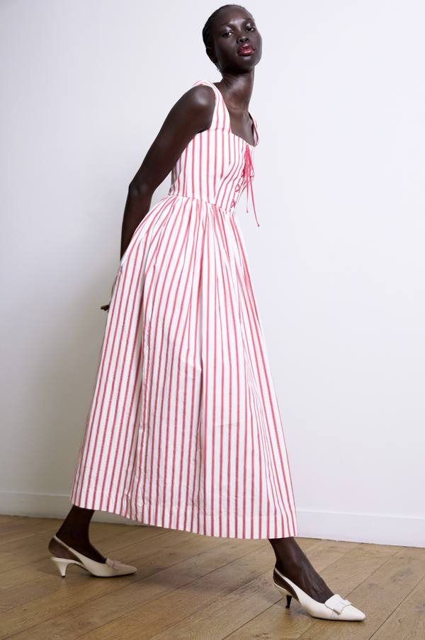 paul & joe Robe longue corsetée en popeline de coton rayée