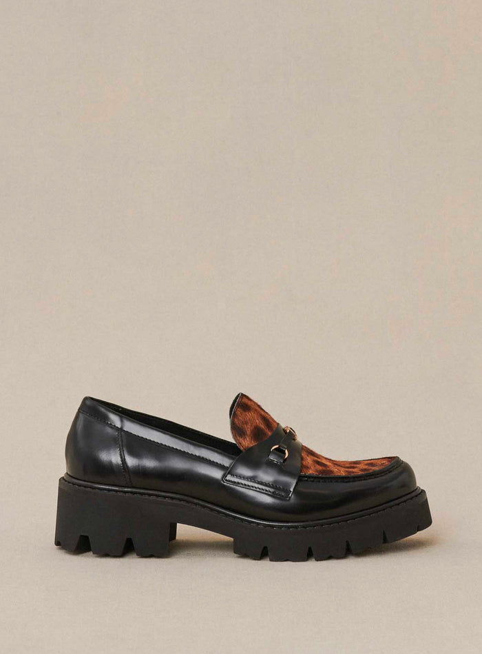 Petite Mendigote Colas - Mocassins Noirs Et Léopard En Cuir à Semelle Compensée
