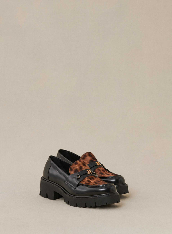 Petite Mendigote Colas - Mocassins Noirs Et Léopard En Cuir à Semelle Compensée