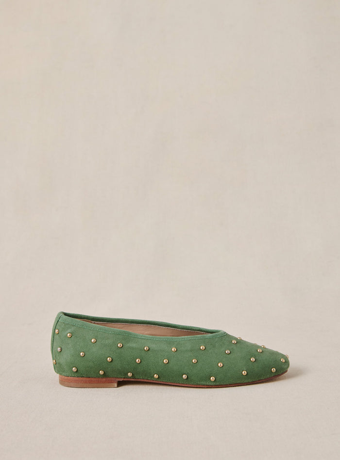 Petite Mendigote Coralie - Ballerines Vertes à Clous En Suède