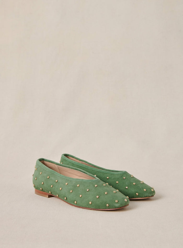 petite mendigote Coralie - Ballerines vertes à clous en suède