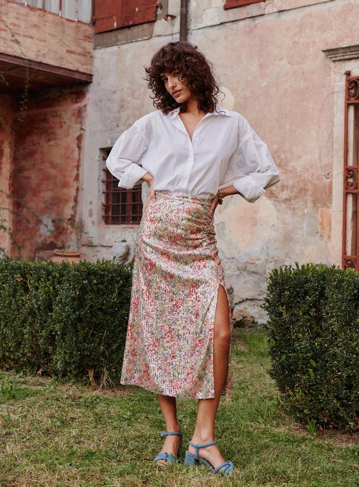 petite mendigote Janko - Jupe midi à sequins fleuris colorés