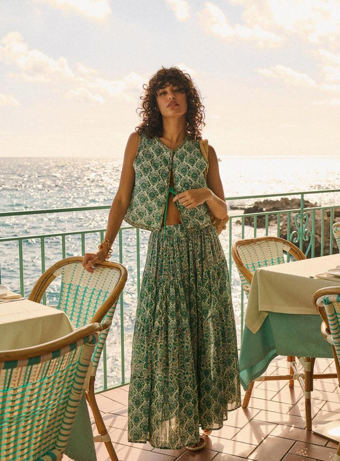 petite mendigote Jill - Jupe longue fluide à imprimé fleuris - Bleu