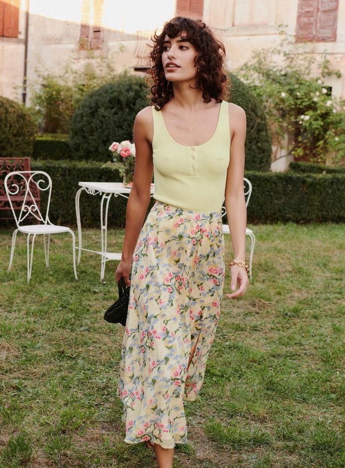 petite mendigote Jolyna - Jupe longue fluide à imprimé fleuri - Jaune