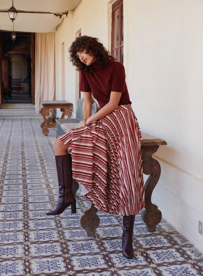 Petite Mendigote Junon - Jupe Midi Plissé à Rayures - Rouge