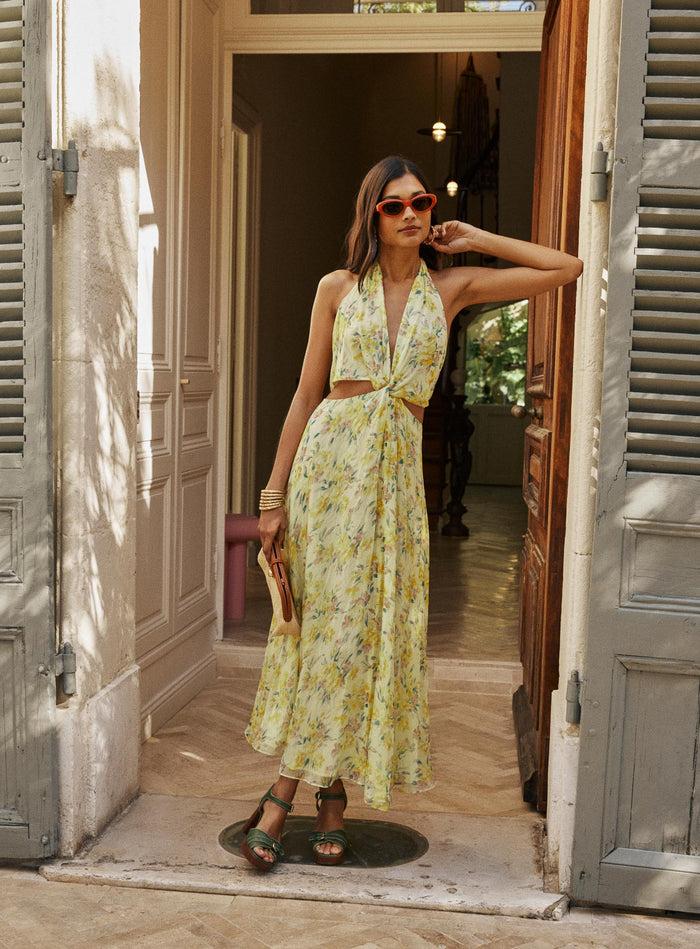 petite mendigote Louise - Robe longue fluide à imprimé fleuri - jaune