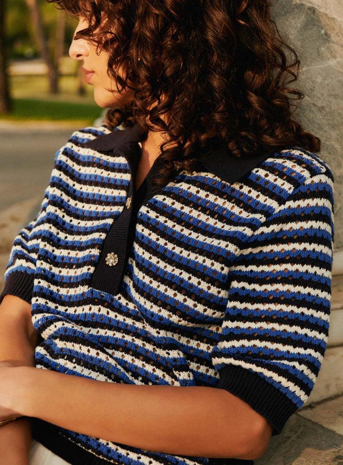Petite Mendigote Millie - Top En Maille Ajourée Et Rayures - Bleu