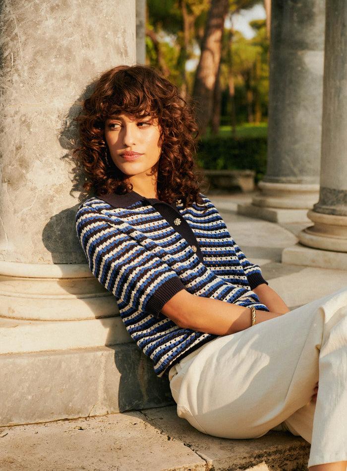 Petite Mendigote Millie - Top En Maille Ajourée Et Rayures - Bleu