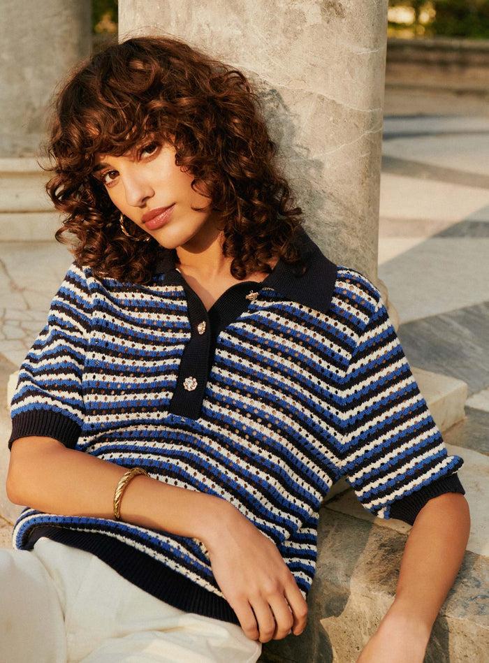 petite mendigote Millie - Top en maille ajourée et rayures - Bleu